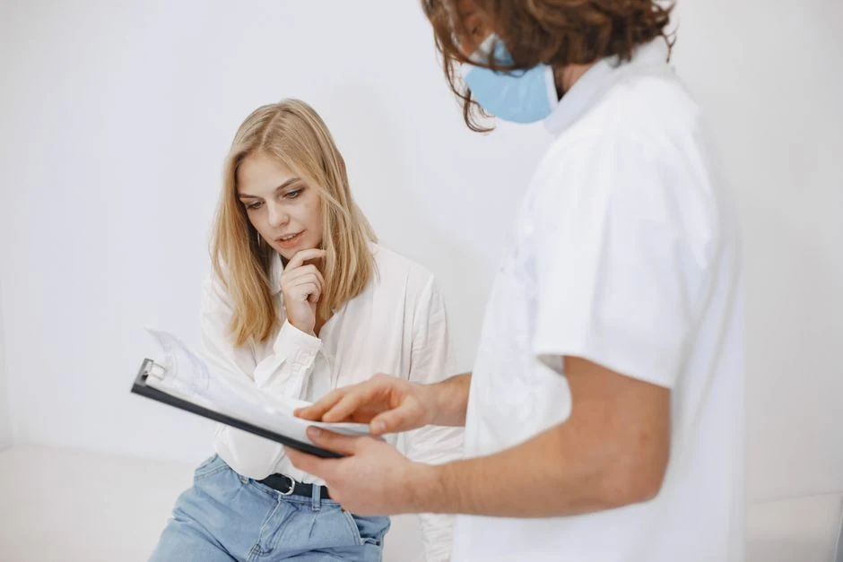 Clinician discussing medical information with an adult patient.