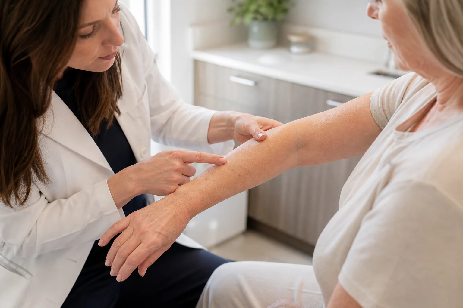 Dermatologist examining sun-exposed skin on the forearm of an older adult patient
