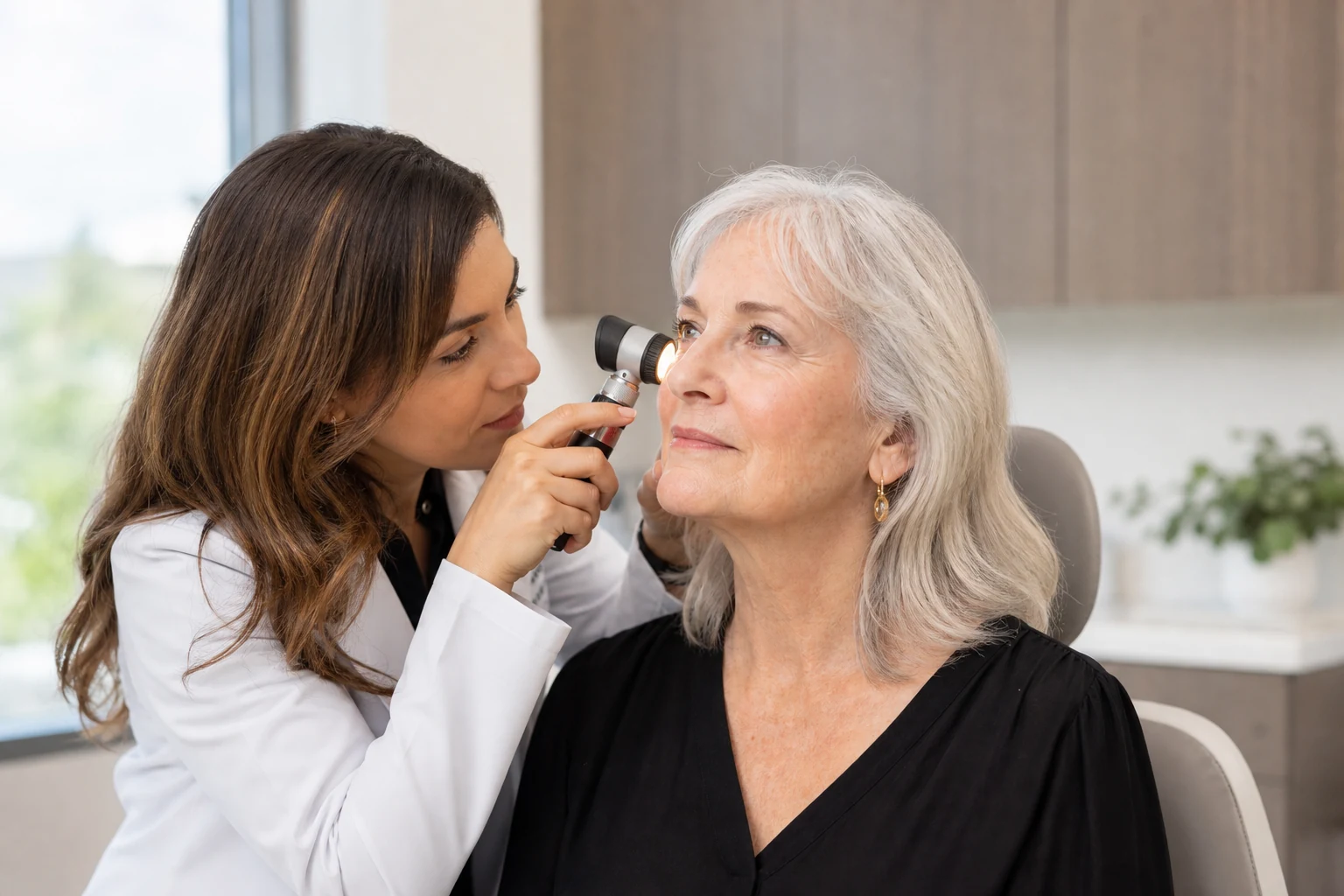 Dermatologist examining an older adult patient with a handheld dermatoscope during a skin check