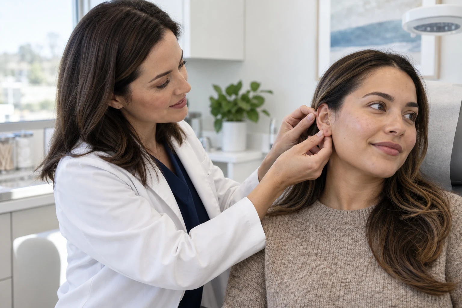 Dermatologist examining a patient's earlobe during an earlobe repair consultation