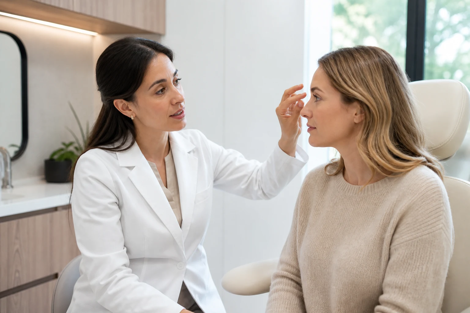 Dermatologist examining a patient near the eyelid during an in-office skin evaluation