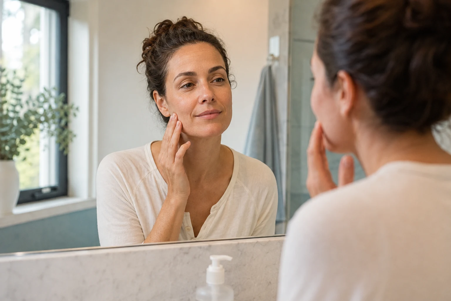 Woman gently touching her cheek while looking in a bathroom mirror
