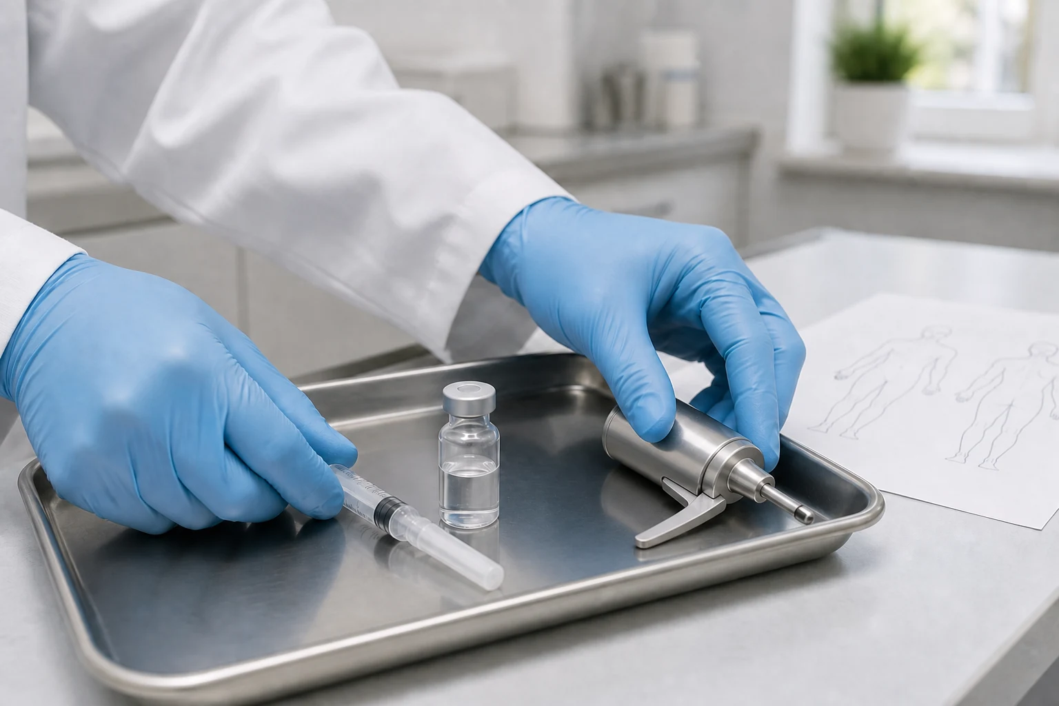 Gloved clinician arranging a capped syringe, unlabelled vial, and cryosurgery device on a treatment tray