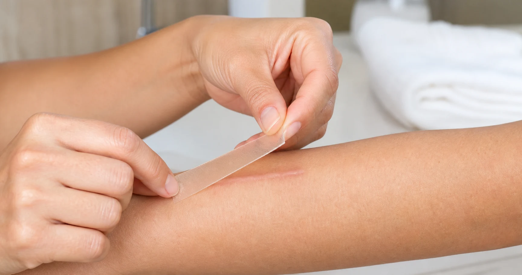 Person applying a translucent silicone gel sheet over a small, fully healed forearm scar