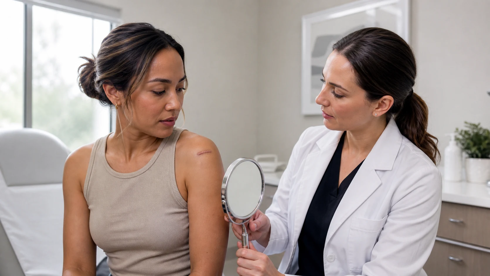 Dermatologist and patient reviewing a small, fully healed raised scar on the shoulder