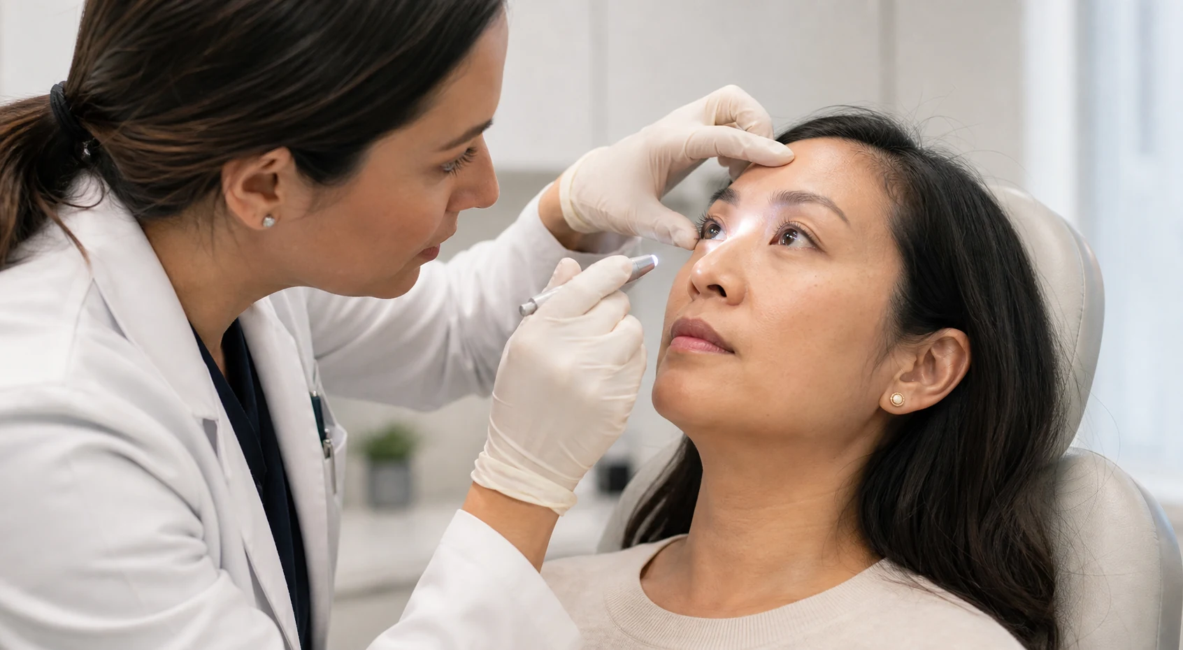 Dermatologist carefully examining the eyelid of an adult patient in a bright clinical setting