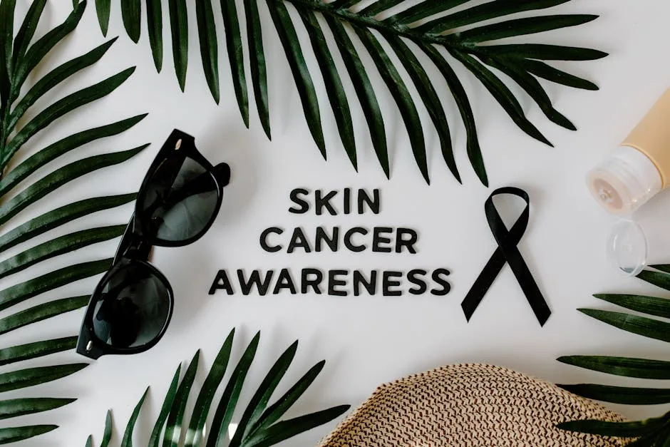 Overhead shot of sunglasses, sunscreen, hat, and a black ribbon surrounding "Skin Cancer Awareness," illustrating the importance of sun protection after skin cancer.