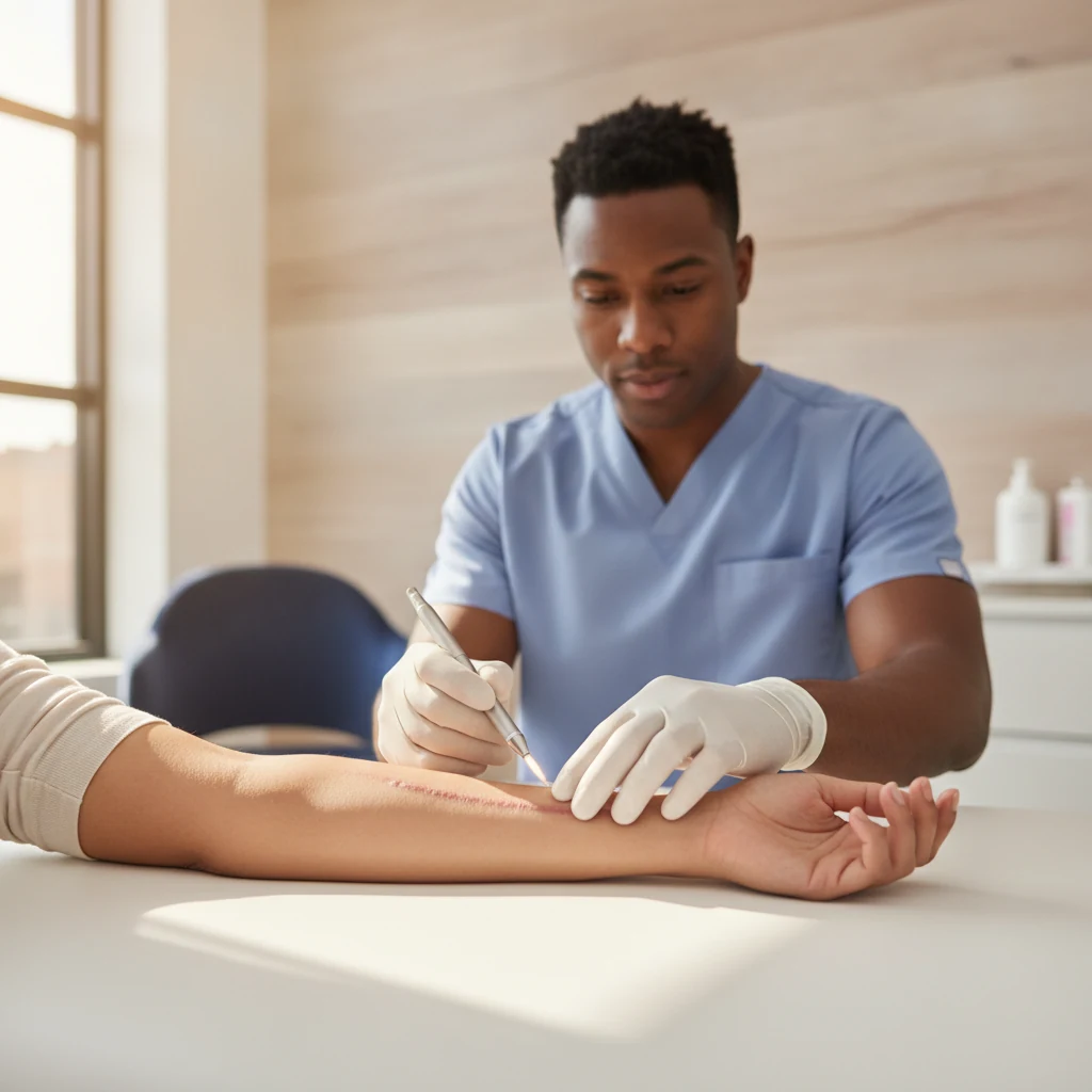Dermatology clinician examining a patient’s forearm scar in a bright medical office