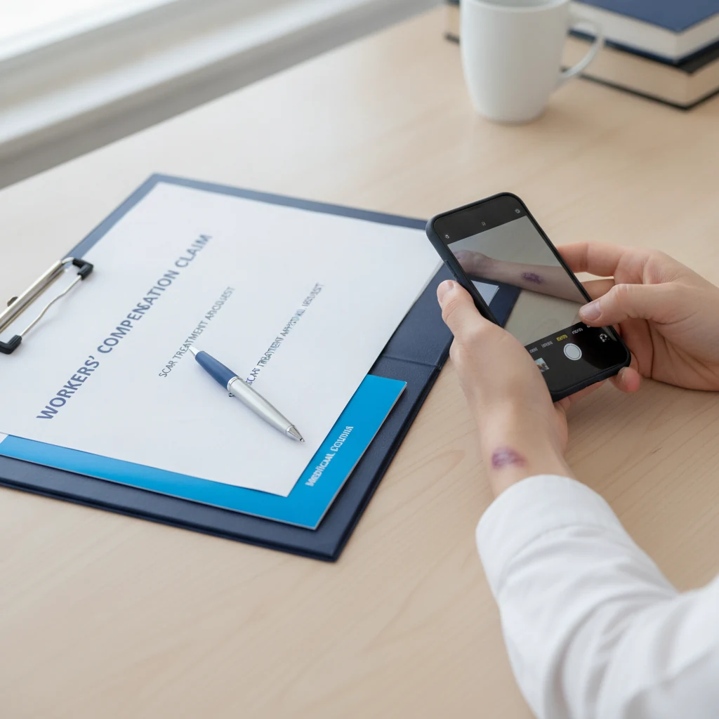Patient photographing a healing forearm scar beside workers’ compensation paperwork